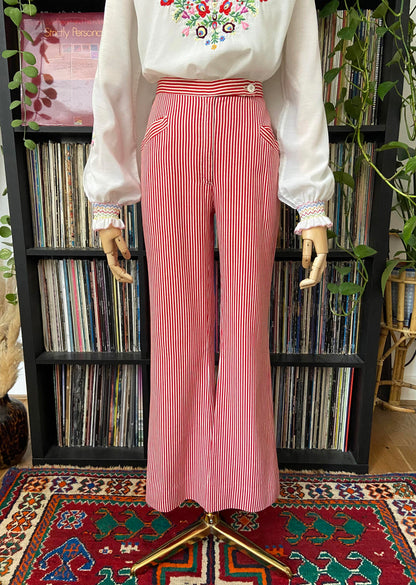 Vintage 1970s Red White Striped Flared Trousers W28