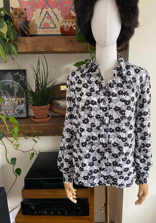Vintage 1970s Black White Floral Shirt