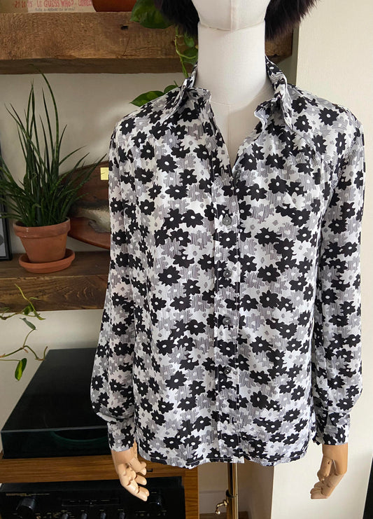 Vintage 1970s Black White Floral Shirt