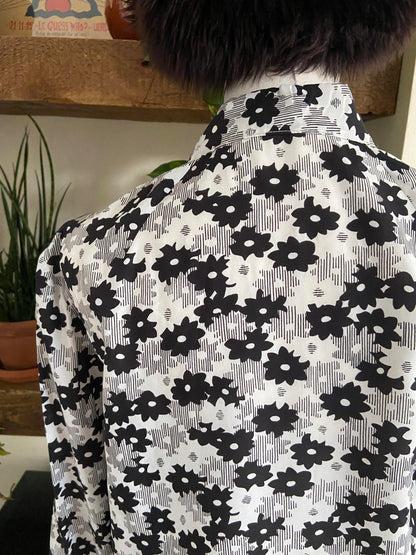 Vintage 1970s Black White Floral Shirt