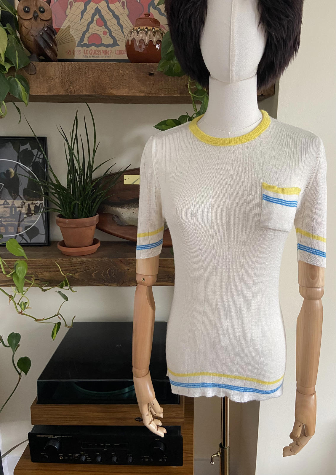 Vintage 1970s White Yellow Blue Knit Top