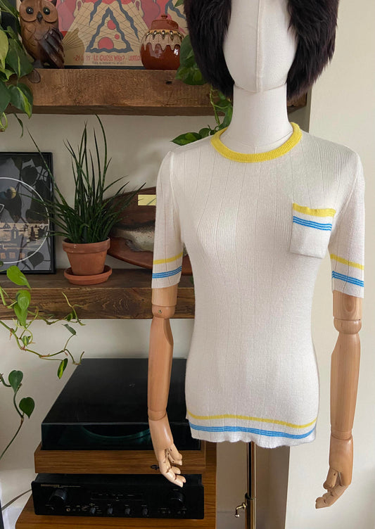 Vintage 1970s White Yellow Blue Knit Top