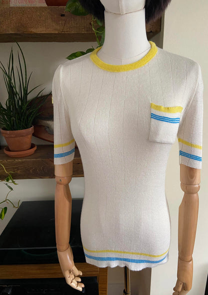Vintage 1970s White Yellow Blue Knit Top