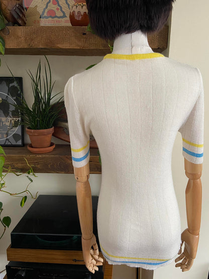 Vintage 1970s White Yellow Blue Knit Top