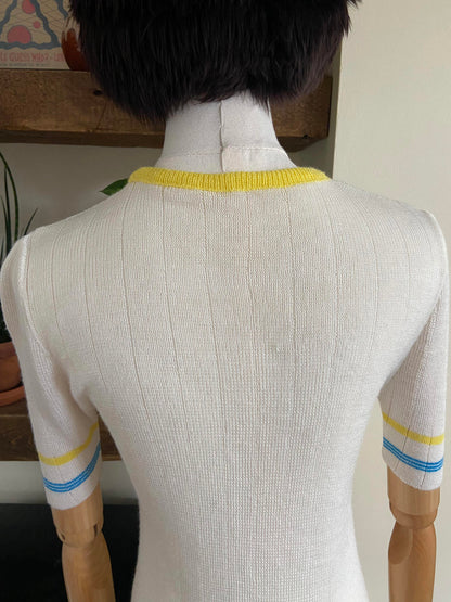 Vintage 1970s White Yellow Blue Knit Top