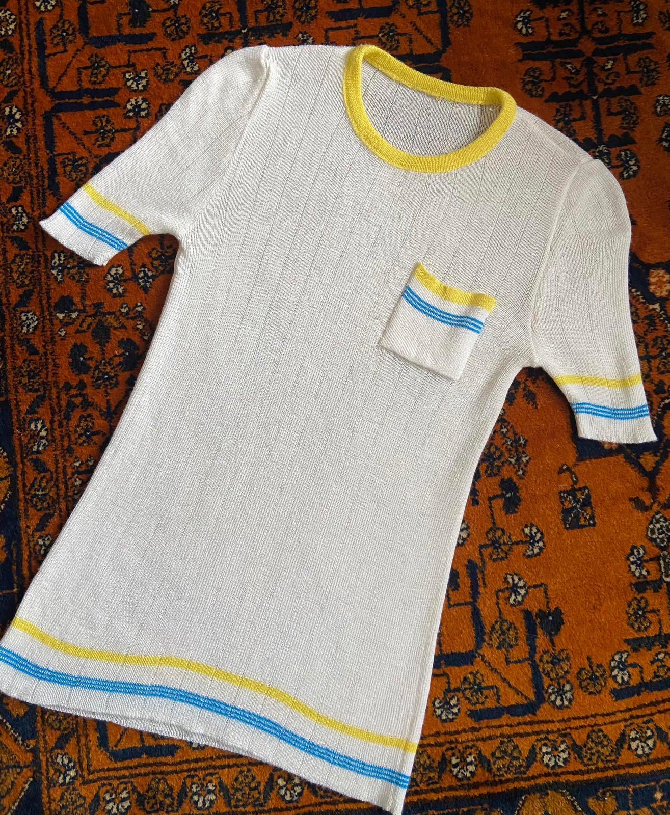 Vintage 1970s White Yellow Blue Knit Top