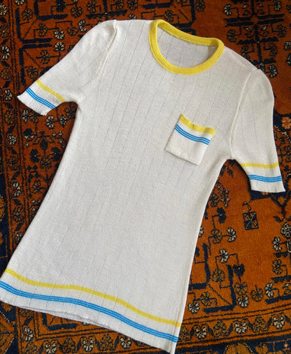 Vintage 1970s White Yellow Blue Knit Top