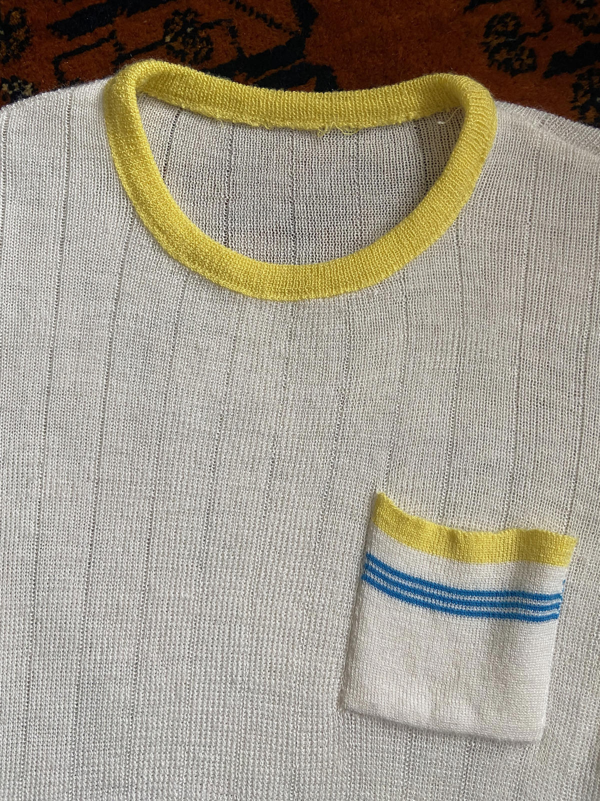 Vintage 1970s White Yellow Blue Knit Top