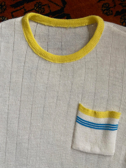 Vintage 1970s White Yellow Blue Knit Top
