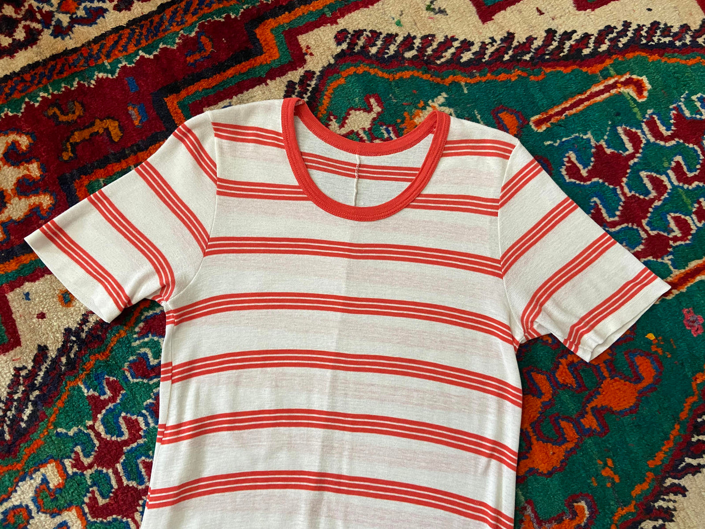 Vintage 1970s White Red Striped T-Shirt Dress