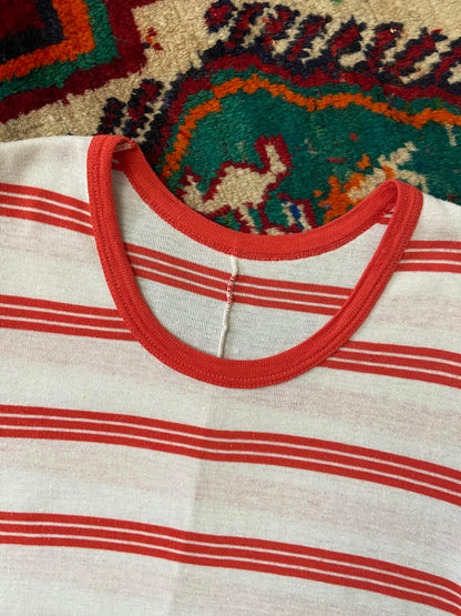 Vintage 1970s White Red Striped T-Shirt Dress