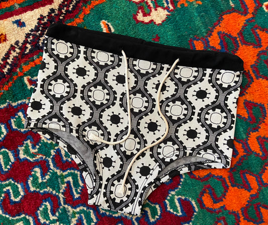 Vintage 1970s Black White Print Swimming Shorts