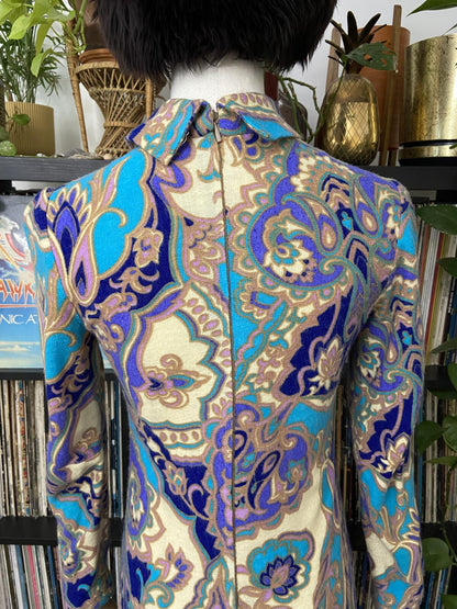 Vintage 1960s Paisley Print High Neck Dress