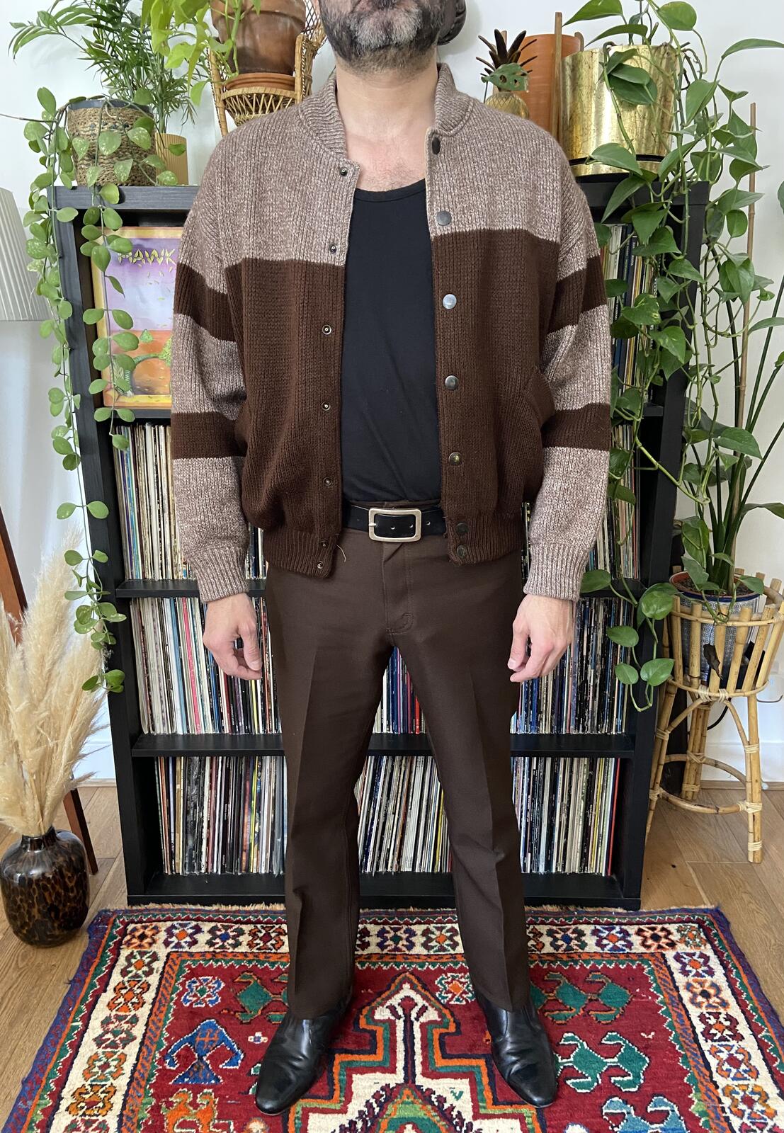 Vintage Italian Brown Knit Varsity Bomber Jacket