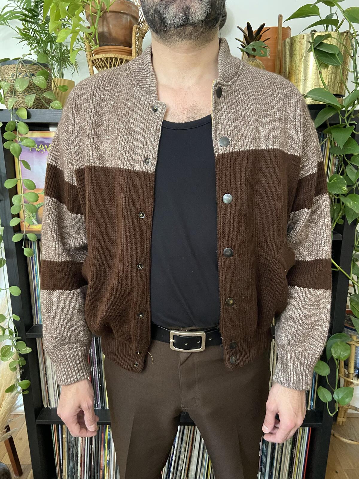 Vintage Italian Brown Knit Varsity Bomber Jacket