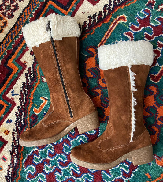Vintage 1970s Tan Suede Sherpa Boots UK 7