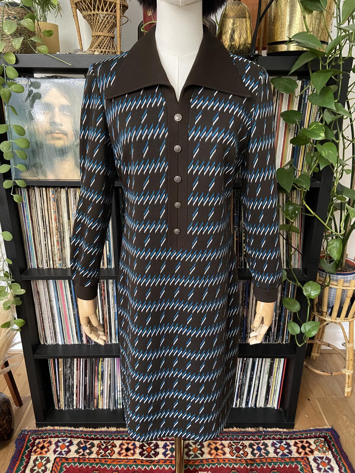 Vintage 1970s Brown Geometric Knit Dress
