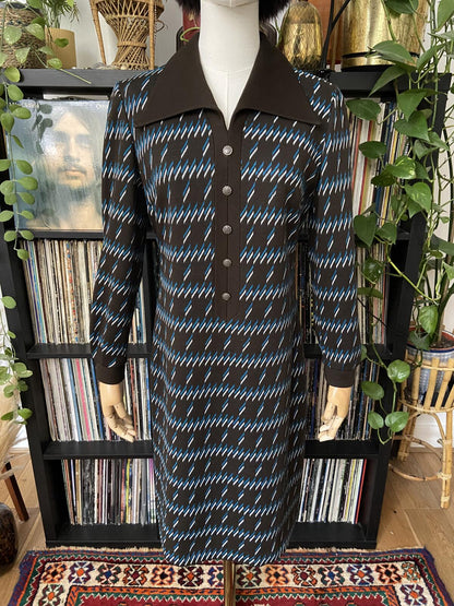 Vintage 1970s Brown Geometric Knit Dress