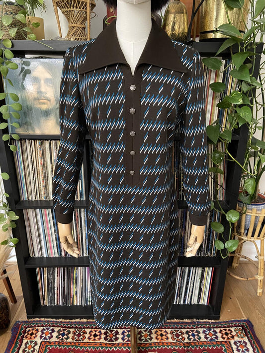 Vintage 1970s Brown Geometric Knit Dress