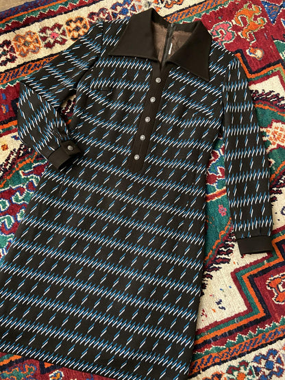 Vintage 1970s Brown Geometric Knit Dress
