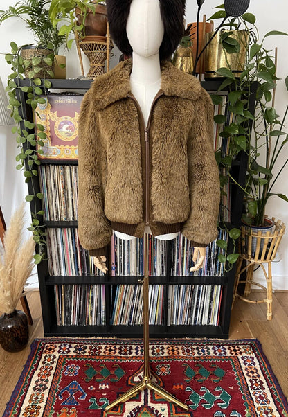 Vintage 1970s Brown Faux Fur Bomber Jacket