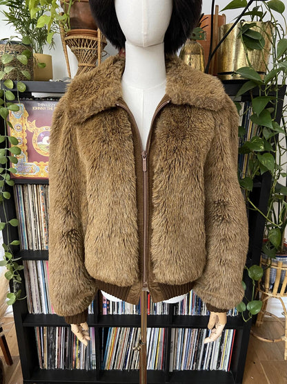 Vintage 1970s Brown Faux Fur Bomber Jacket