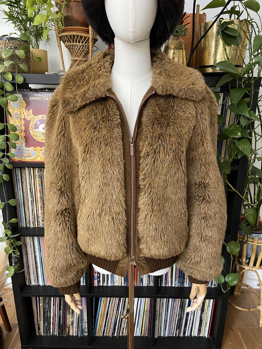 Vintage 1970s Brown Faux Fur Bomber Jacket
