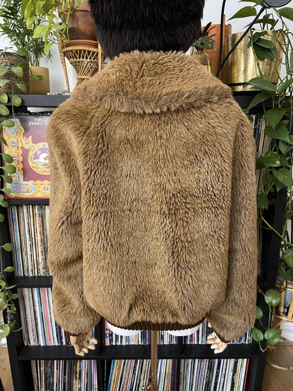 Vintage 1970s Brown Faux Fur Bomber Jacket