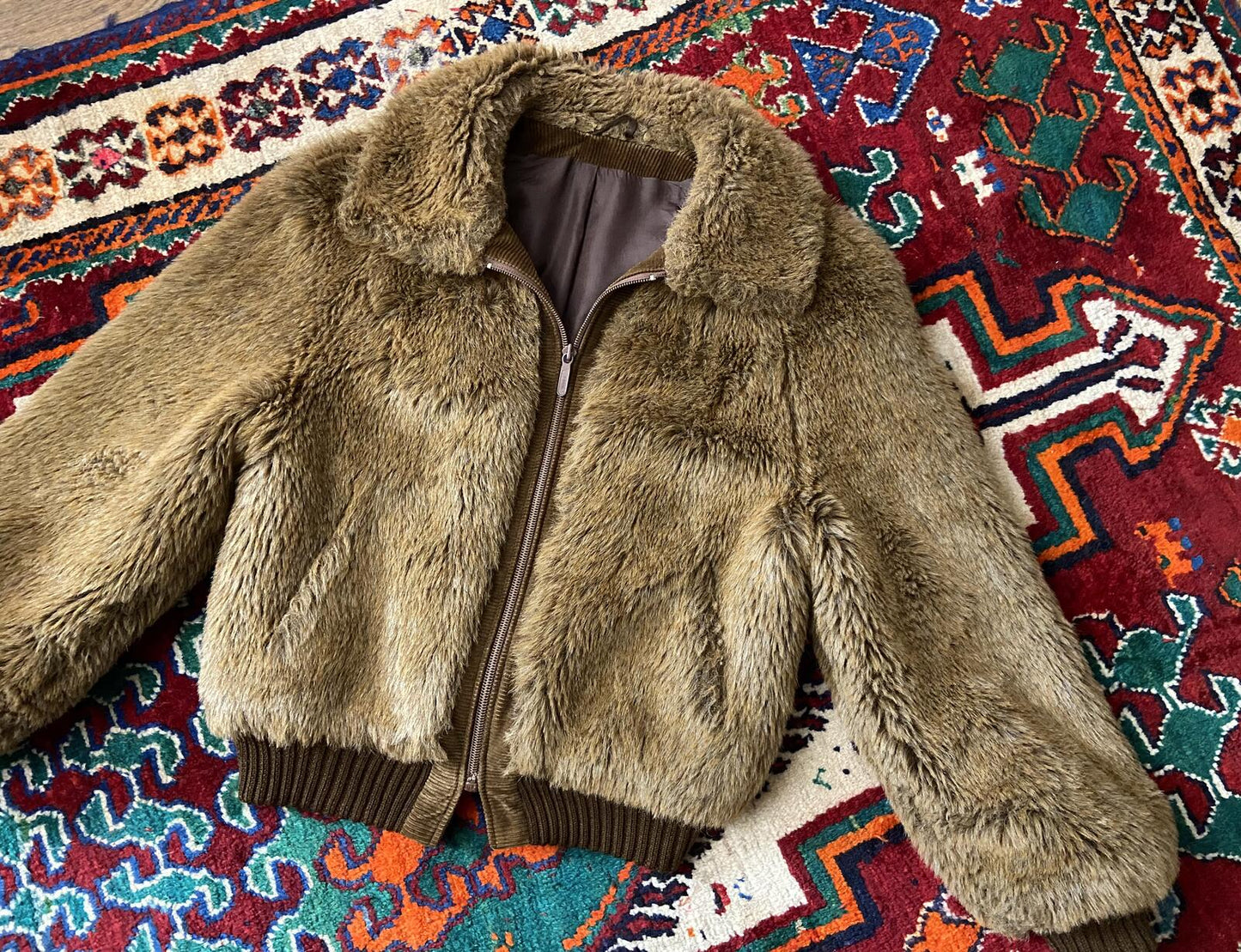 Vintage 1970s Brown Faux Fur Bomber Jacket