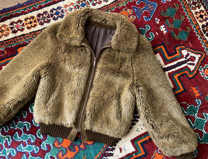 Vintage 1970s Brown Faux Fur Bomber Jacket