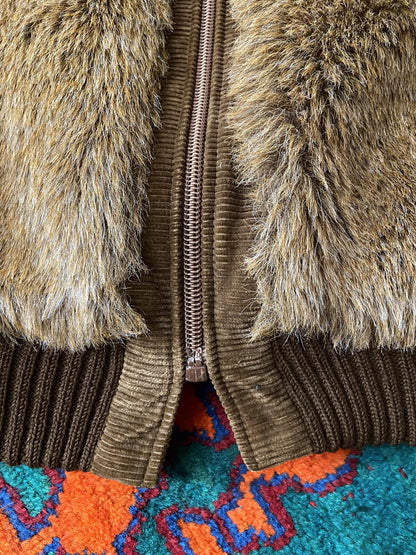 Vintage 1970s Brown Faux Fur Bomber Jacket