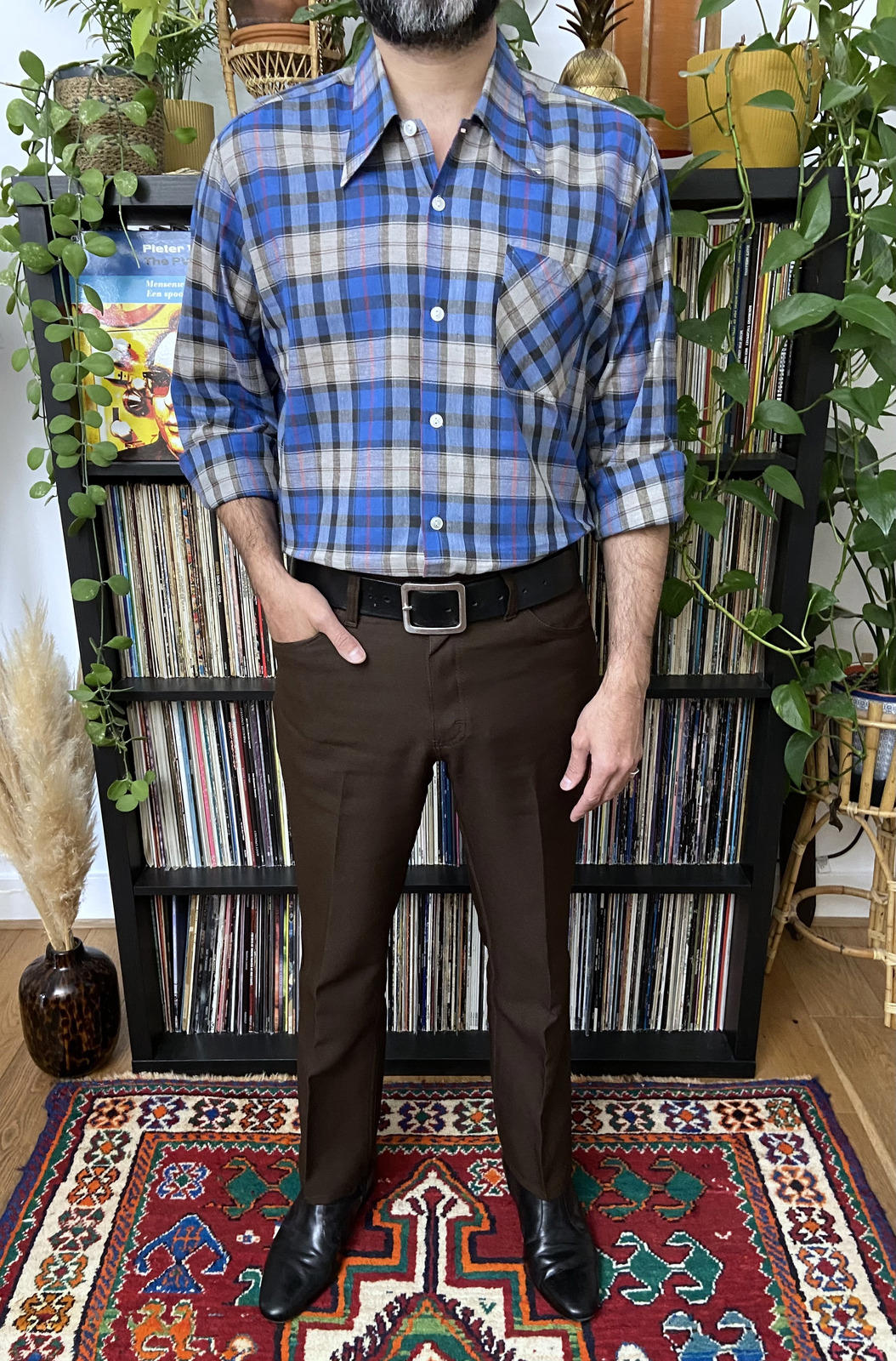 Vintage 1970s Blue Check Dagger Collar Deadstock Shirt