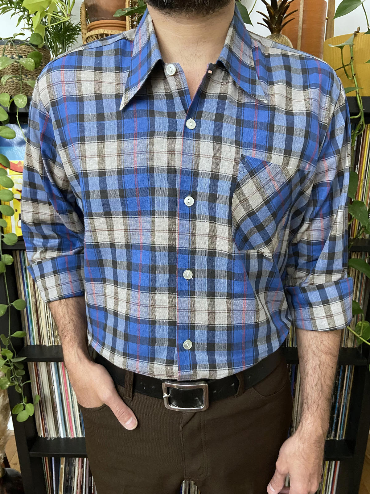 Vintage 1970s Blue Check Dagger Collar Deadstock Shirt