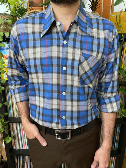 Vintage 1970s Blue Check Dagger Collar Deadstock Shirt