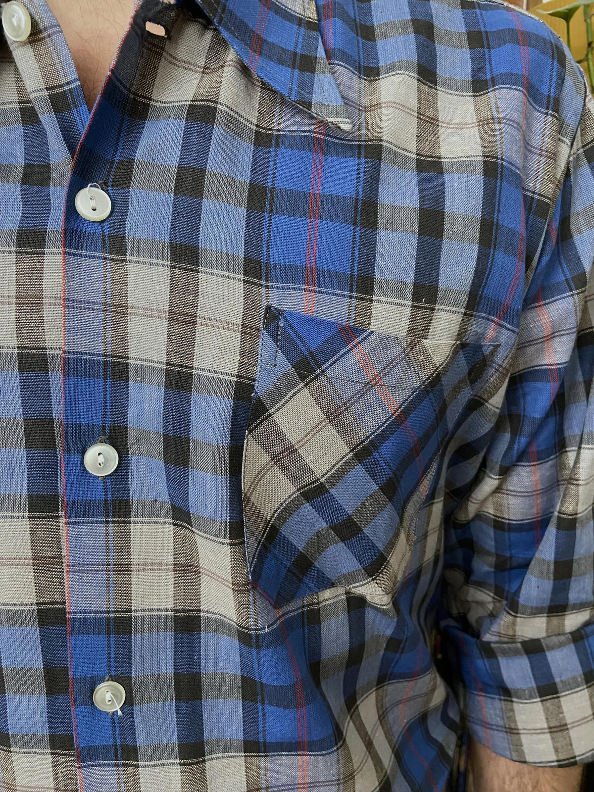 Vintage 1970s Blue Check Dagger Collar Deadstock Shirt