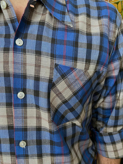 Vintage 1970s Blue Check Dagger Collar Deadstock Shirt
