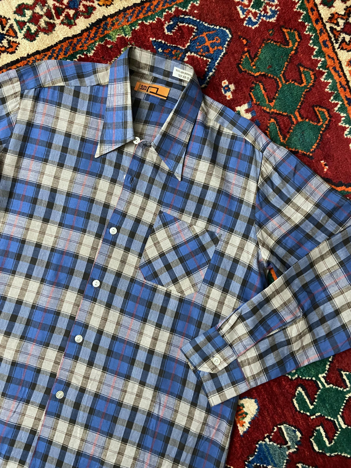 Vintage 1970s Blue Check Dagger Collar Deadstock Shirt