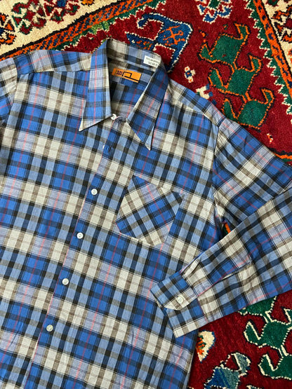 Vintage 1970s Blue Check Dagger Collar Deadstock Shirt