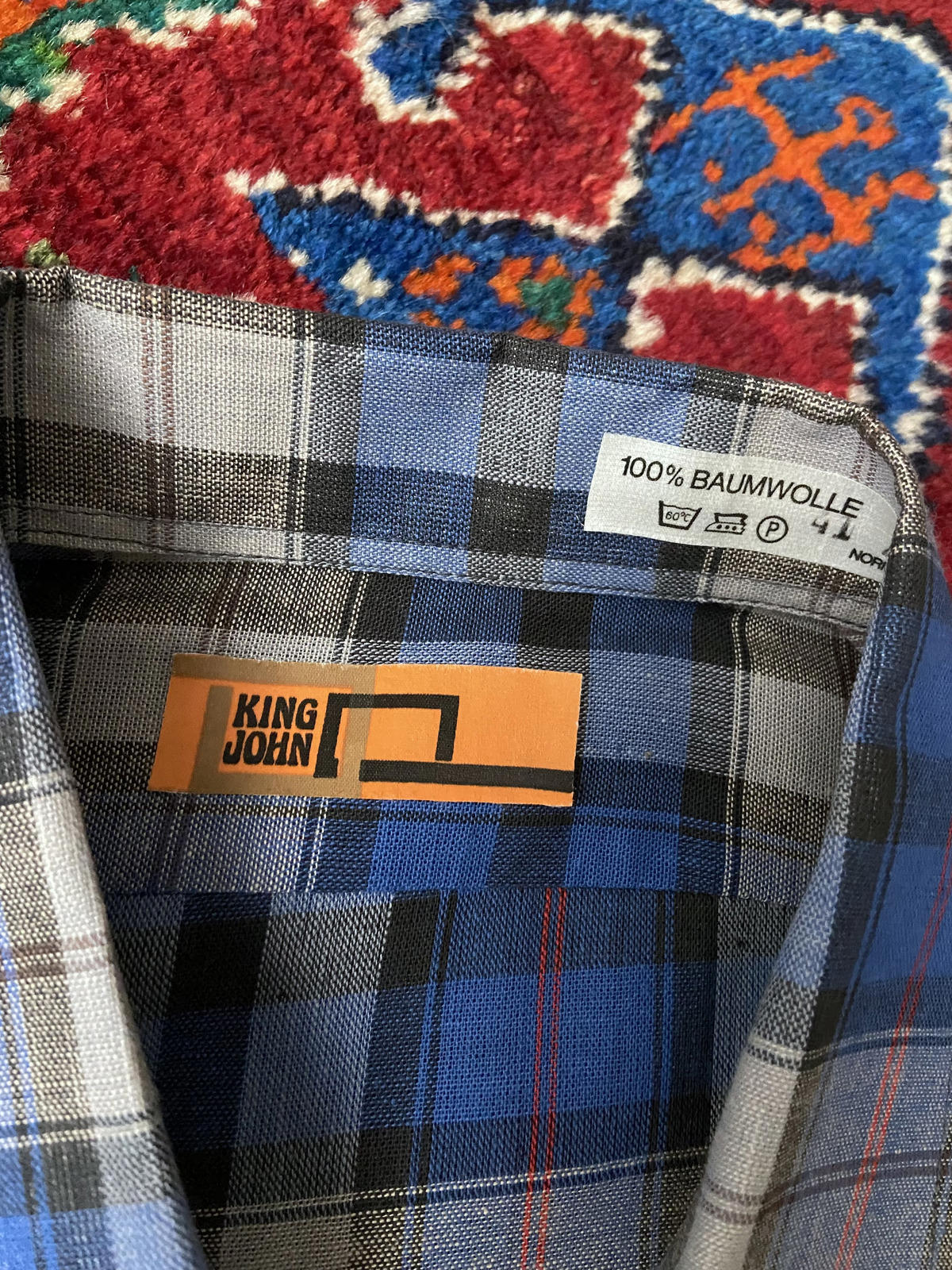 Vintage 1970s Blue Check Dagger Collar Deadstock Shirt