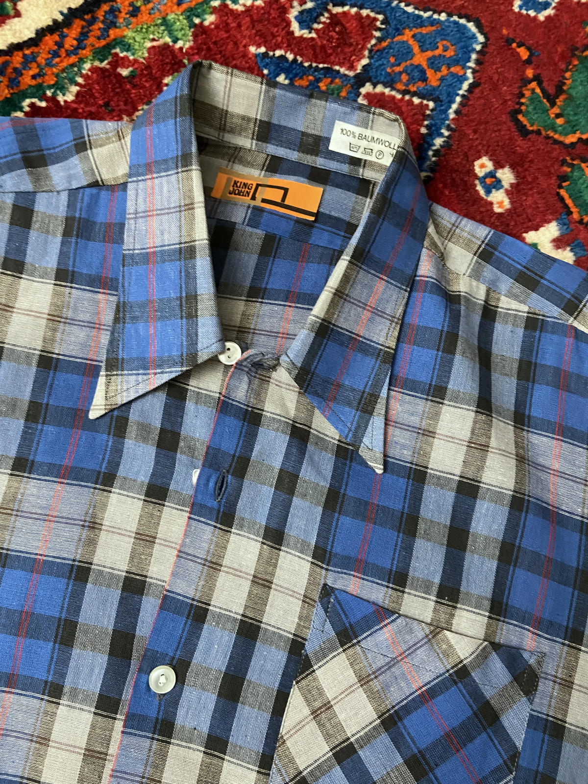 Vintage 1970s Blue Check Dagger Collar Deadstock Shirt