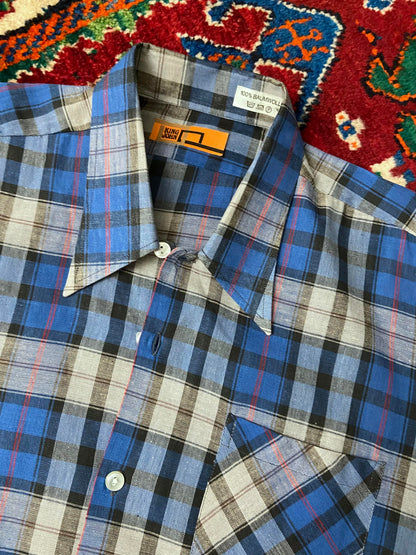Vintage 1970s Blue Check Dagger Collar Deadstock Shirt
