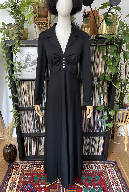 Vintage 1970s Black Large Collar Maxi Dress