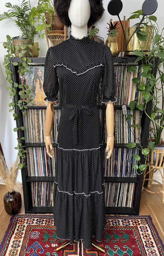 Vintage 1970s Black White Polka Dot Prairie Dress