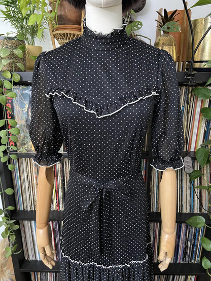 Vintage 1970s Black White Polka Dot Prairie Dress