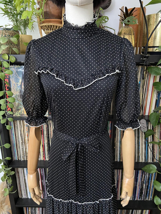 Vintage 1970s Black White Polka Dot Prairie Dress