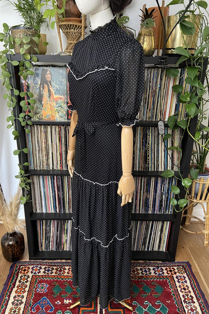 Vintage 1970s Black White Polka Dot Prairie Dress