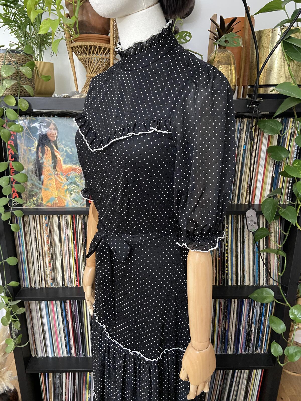Vintage 1970s Black White Polka Dot Prairie Dress