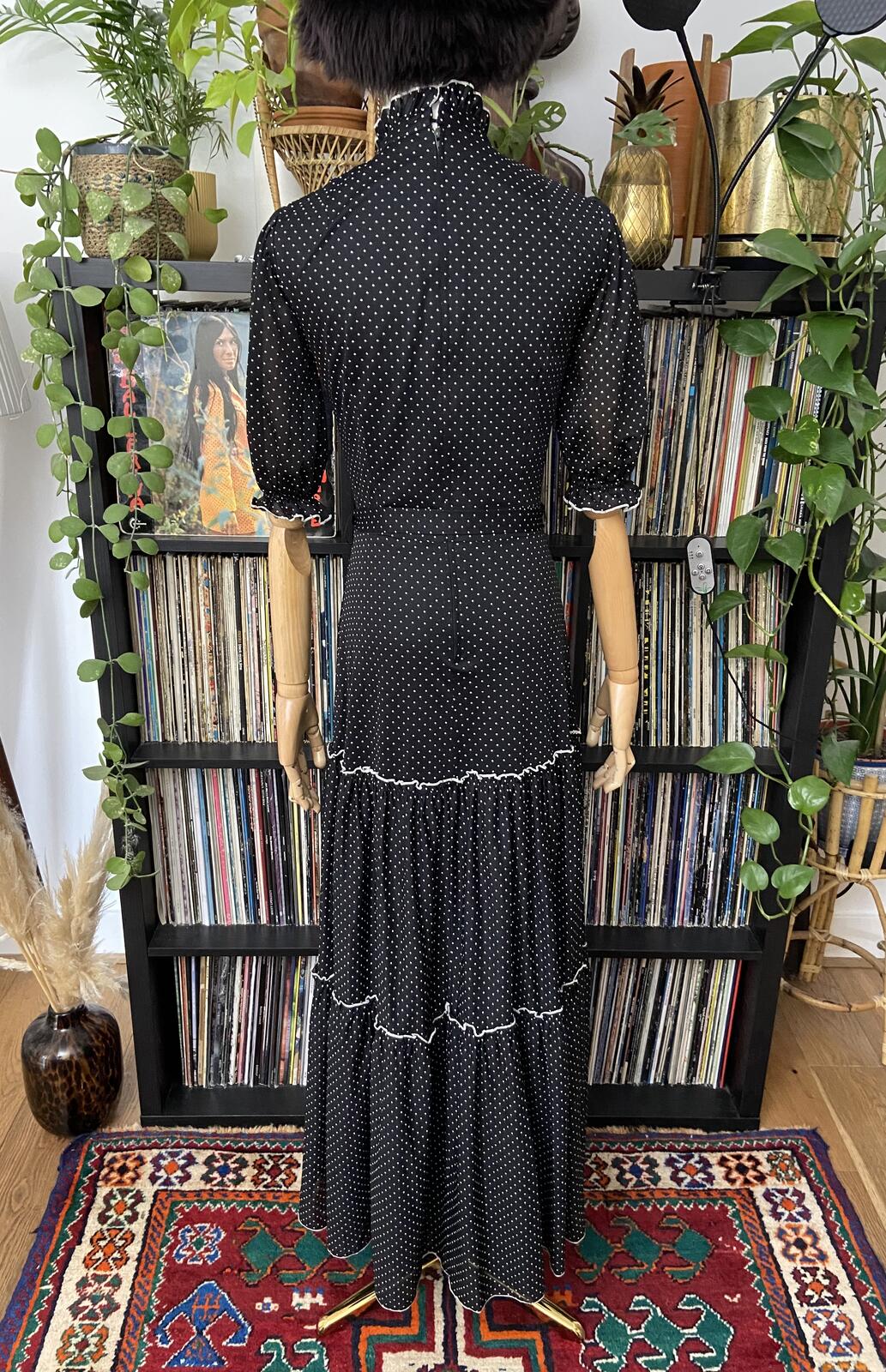 Vintage 1970s Black White Polka Dot Prairie Dress