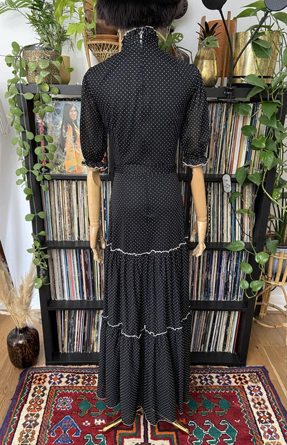 Vintage 1970s Black White Polka Dot Prairie Dress