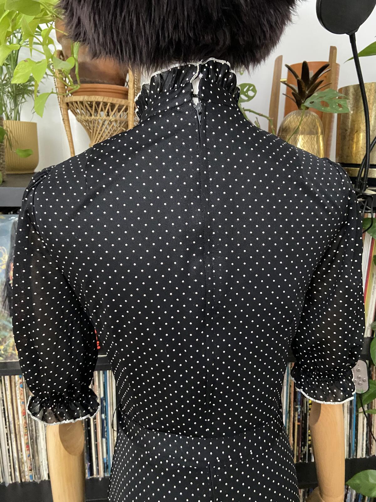 Vintage 1970s Black White Polka Dot Prairie Dress